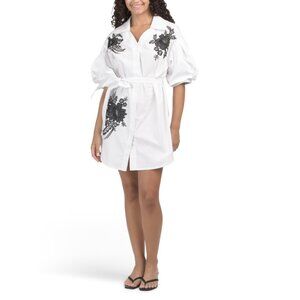 NANCY YANG White Puff Sleeve Mini Shirt Dress